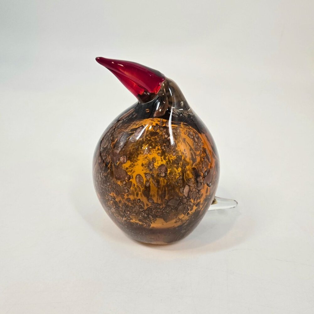 Art Glass Bird Paperweight Handblown Amber & Red Controlled Bubbles 6"